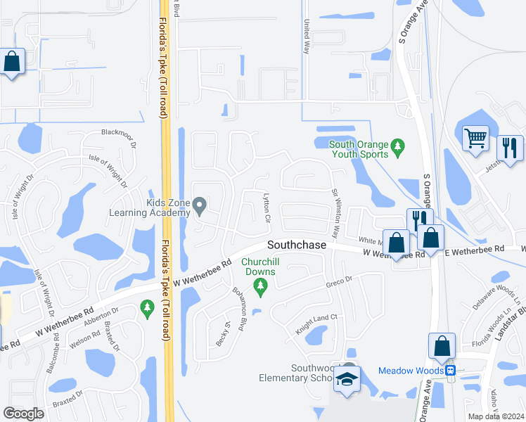 map of restaurants, bars, coffee shops, grocery stores, and more near 349 Lytton Circle in Orlando