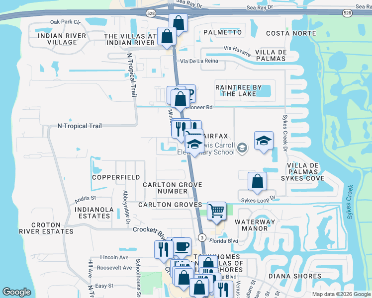 map of restaurants, bars, coffee shops, grocery stores, and more near 2137 North Courtenay Parkway in Merritt Island