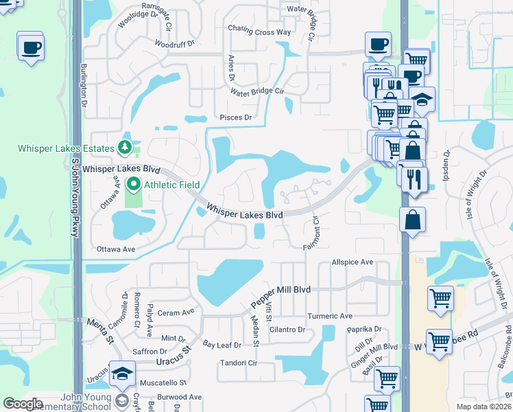 map of restaurants, bars, coffee shops, grocery stores, and more near 2372 Turpin Drive in Orlando