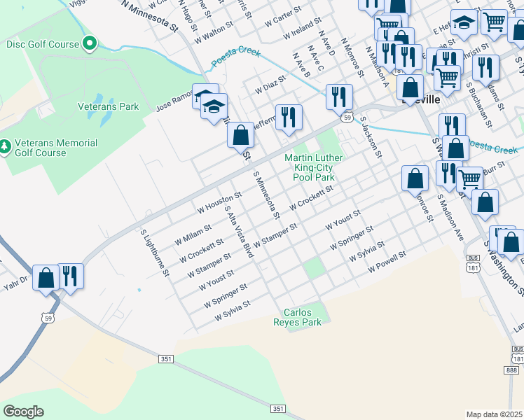 map of restaurants, bars, coffee shops, grocery stores, and more near 1209 West Milam Street in Beeville