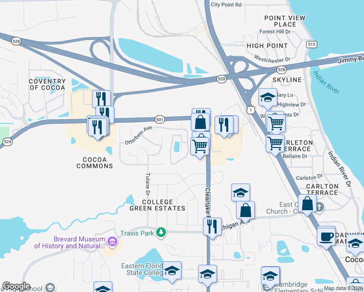 map of restaurants, bars, coffee shops, grocery stores, and more near 1952 Quail Ridge Court in Cocoa