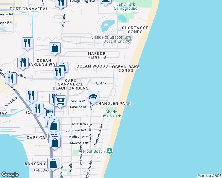map of restaurants, bars, coffee shops, grocery stores, and more near 454 Sailfish Avenue in Cape Canaveral