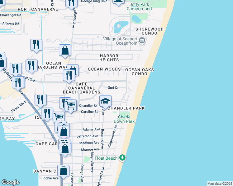 map of restaurants, bars, coffee shops, grocery stores, and more near 422 Sailfish Avenue in Cape Canaveral