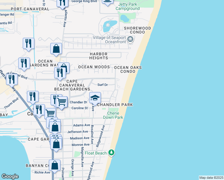 map of restaurants, bars, coffee shops, grocery stores, and more near 454 Sailfish Avenue in Cape Canaveral