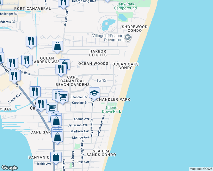 map of restaurants, bars, coffee shops, grocery stores, and more near 422 Sailfish Avenue in Cape Canaveral