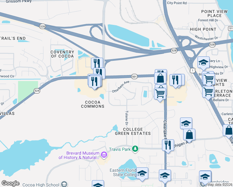 map of restaurants, bars, coffee shops, grocery stores, and more near 2119 Otterbein Avenue in Cocoa