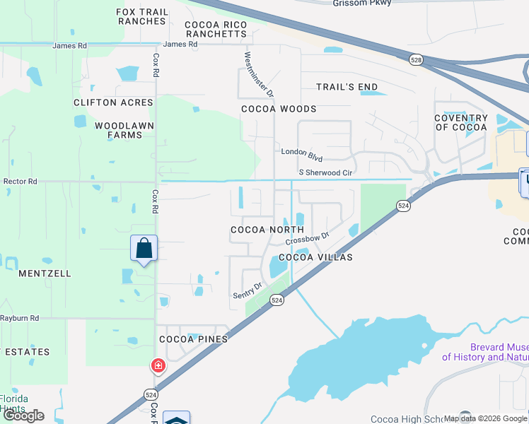 map of restaurants, bars, coffee shops, grocery stores, and more near 2233 Westminster Drive in Cocoa
