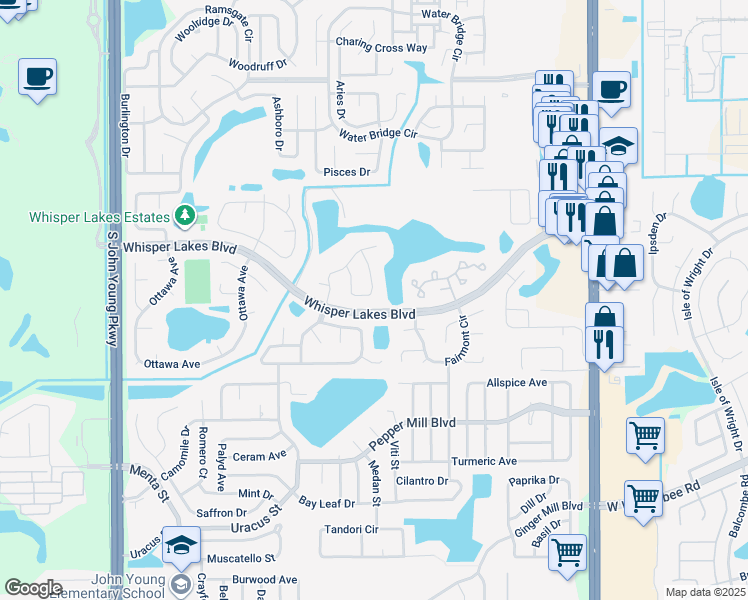map of restaurants, bars, coffee shops, grocery stores, and more near 2372 Turpin Drive in Orlando