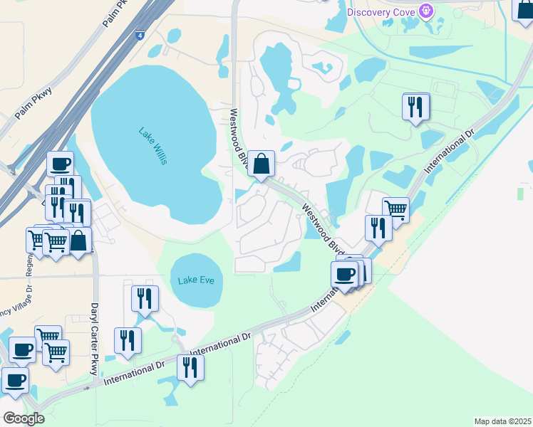 map of restaurants, bars, coffee shops, grocery stores, and more near 11588 Westwood Boulevard in Orlando