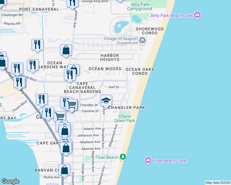 map of restaurants, bars, coffee shops, grocery stores, and more near 422 Sailfish Avenue in Cape Canaveral