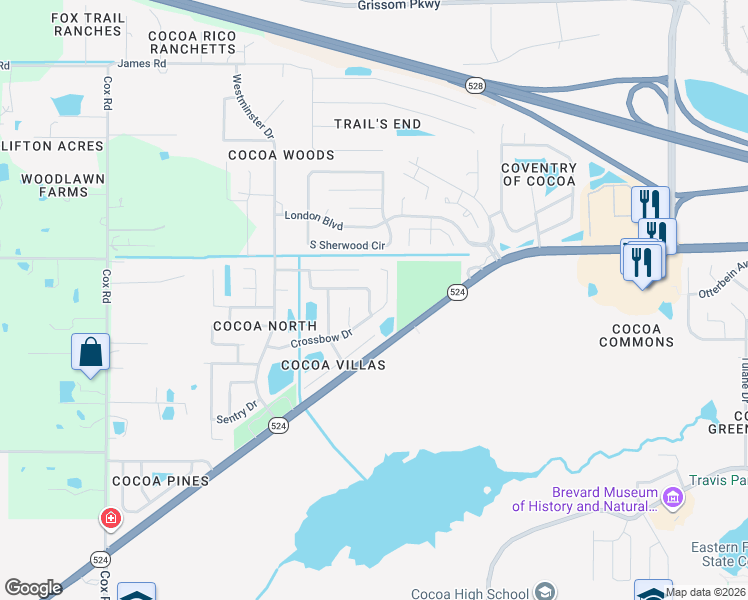 map of restaurants, bars, coffee shops, grocery stores, and more near 2208 Longbow Road in Cocoa