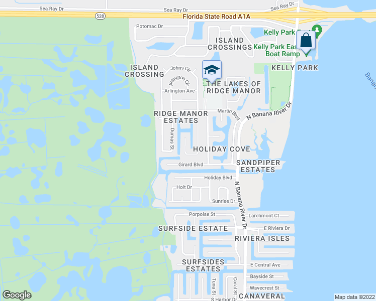 map of restaurants, bars, coffee shops, grocery stores, and more near 2140 Reynard Place in Merritt Island