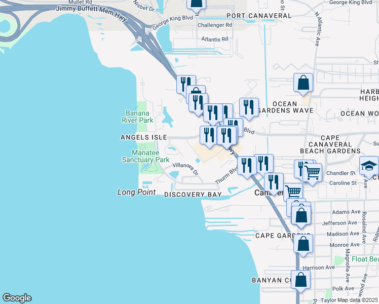 map of restaurants, bars, coffee shops, grocery stores, and more near 551 Casa Bella Drive in Cape Canaveral