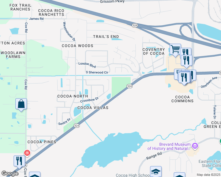 map of restaurants, bars, coffee shops, grocery stores, and more near 3633 Crossbow Drive in Cocoa