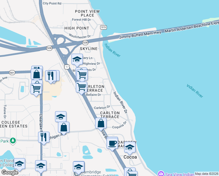 map of restaurants, bars, coffee shops, grocery stores, and more near 2703 Indian River Drive in Cocoa