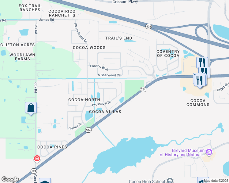 map of restaurants, bars, coffee shops, grocery stores, and more near 2208 Longbow Road in Cocoa