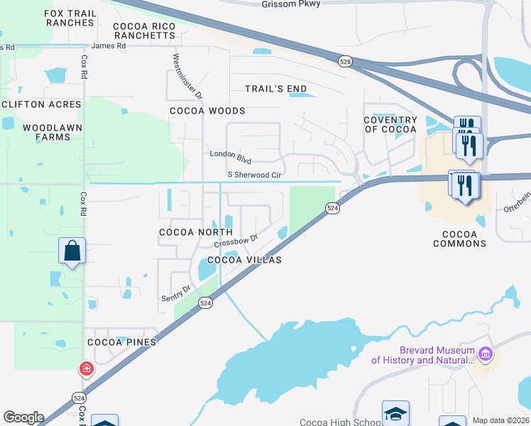 map of restaurants, bars, coffee shops, grocery stores, and more near 2208 Longbow Road in Cocoa