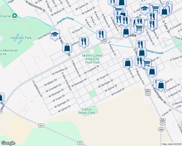 map of restaurants, bars, coffee shops, grocery stores, and more near 404 South Burke Street in Beeville
