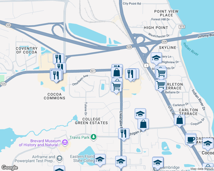 map of restaurants, bars, coffee shops, grocery stores, and more near 1952 Quail Ridge Court in Cocoa