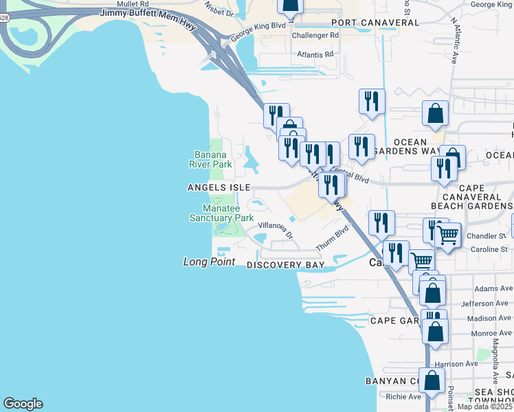 map of restaurants, bars, coffee shops, grocery stores, and more near 741 Bayside Drive in Cape Canaveral
