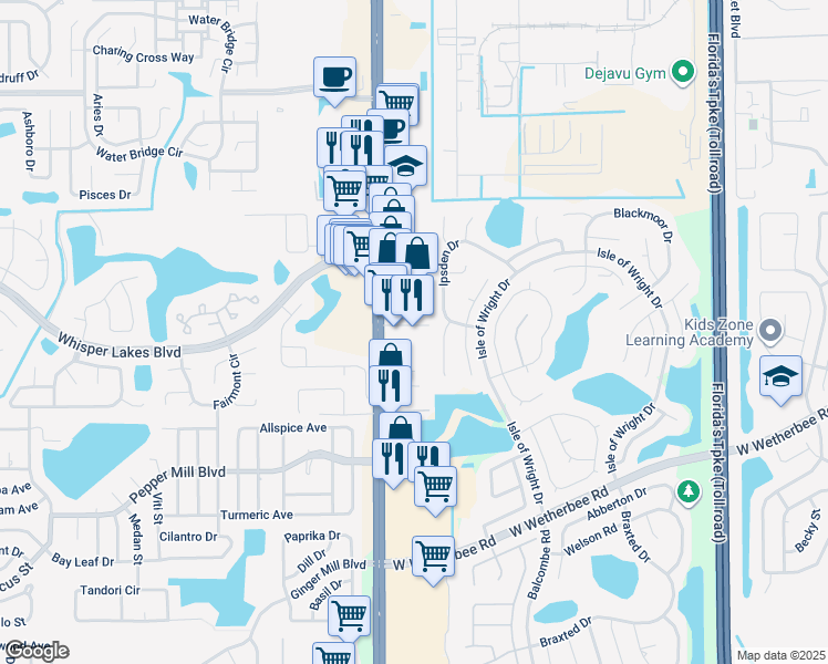 map of restaurants, bars, coffee shops, grocery stores, and more near 11765 South Orange Blossom Trail in Orlando