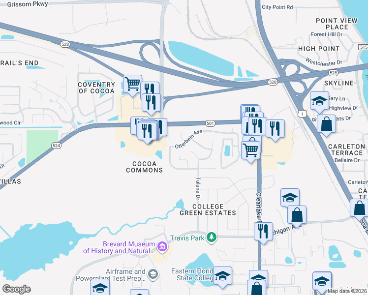 map of restaurants, bars, coffee shops, grocery stores, and more near 2119 Otterbein Avenue in Cocoa
