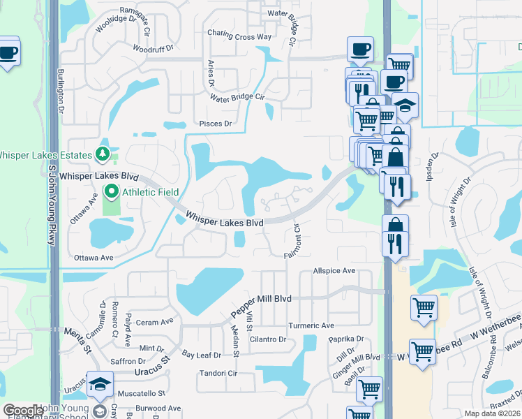 map of restaurants, bars, coffee shops, grocery stores, and more near 2231 Waterleaf Street in Orlando