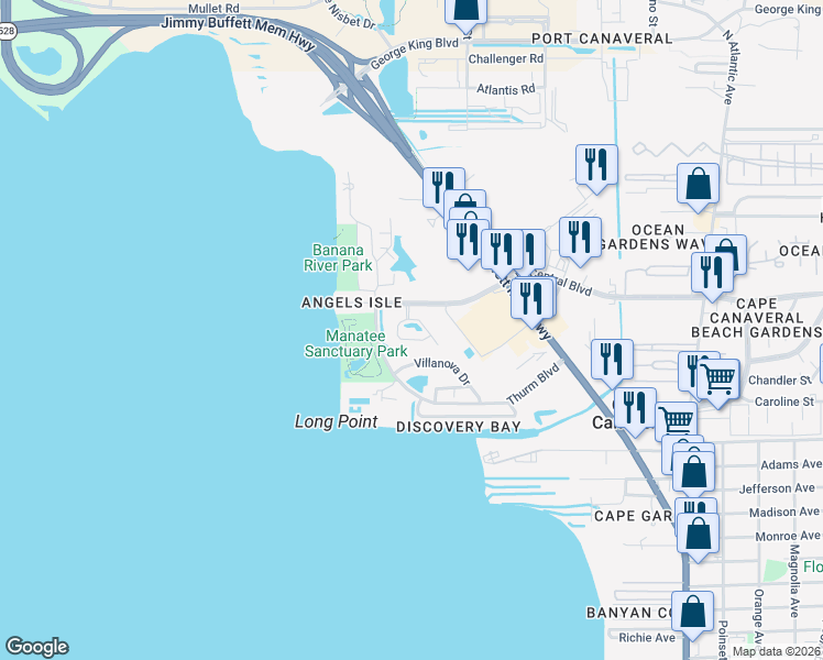 map of restaurants, bars, coffee shops, grocery stores, and more near 741 Bayside Drive in Cape Canaveral