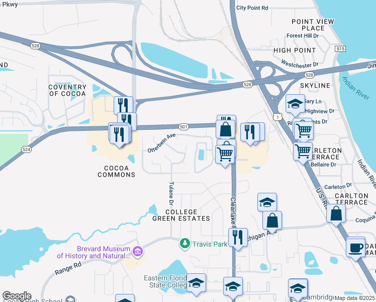 map of restaurants, bars, coffee shops, grocery stores, and more near 1979 Hofstra Drive in Cocoa