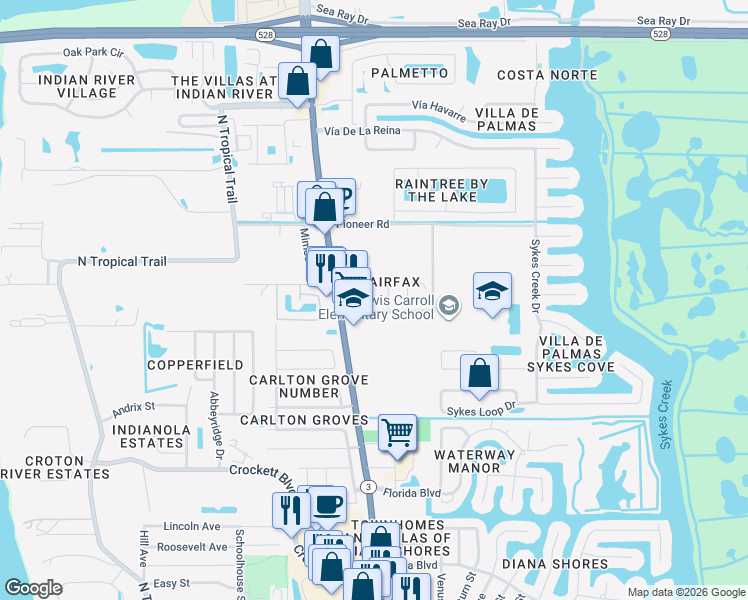 map of restaurants, bars, coffee shops, grocery stores, and more near 2130 Emerald Court in Merritt Island