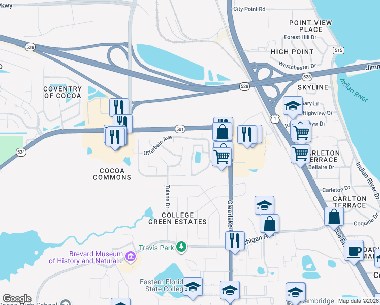 map of restaurants, bars, coffee shops, grocery stores, and more near 1933 Quail Ridge Court in Cocoa