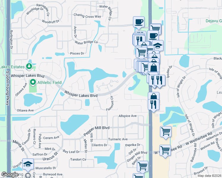 map of restaurants, bars, coffee shops, grocery stores, and more near 2120 Whitewood Court in Orlando