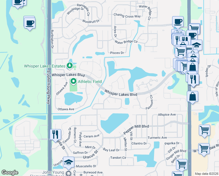 map of restaurants, bars, coffee shops, grocery stores, and more near 2821 Whisper Lakes Boulevard in Orlando