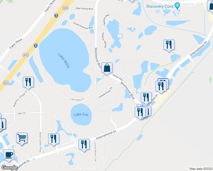 map of restaurants, bars, coffee shops, grocery stores, and more near 11588 Westwood Boulevard in Orlando