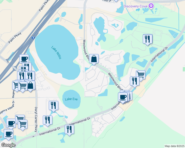 map of restaurants, bars, coffee shops, grocery stores, and more near 11526 Westwood Boulevard in Orlando