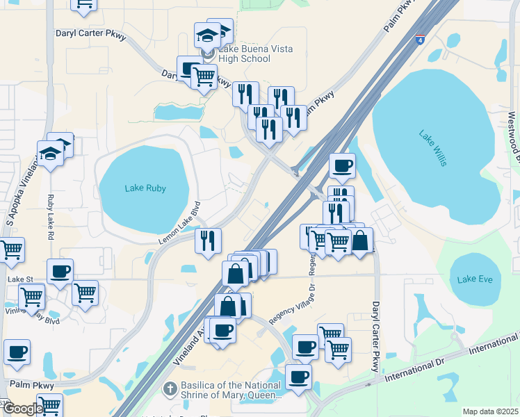 map of restaurants, bars, coffee shops, grocery stores, and more near 10050 Palma Linda Way in Orange County