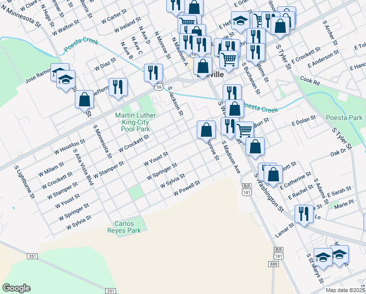 map of restaurants, bars, coffee shops, grocery stores, and more near 605 West Youst Street in Beeville