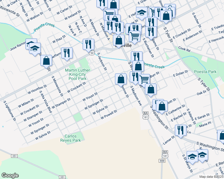 map of restaurants, bars, coffee shops, grocery stores, and more near 605 West Youst Street in Beeville