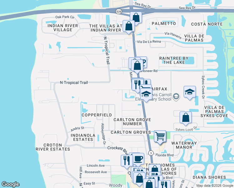 map of restaurants, bars, coffee shops, grocery stores, and more near 2107 Hidden Grove Lane in Merritt Island