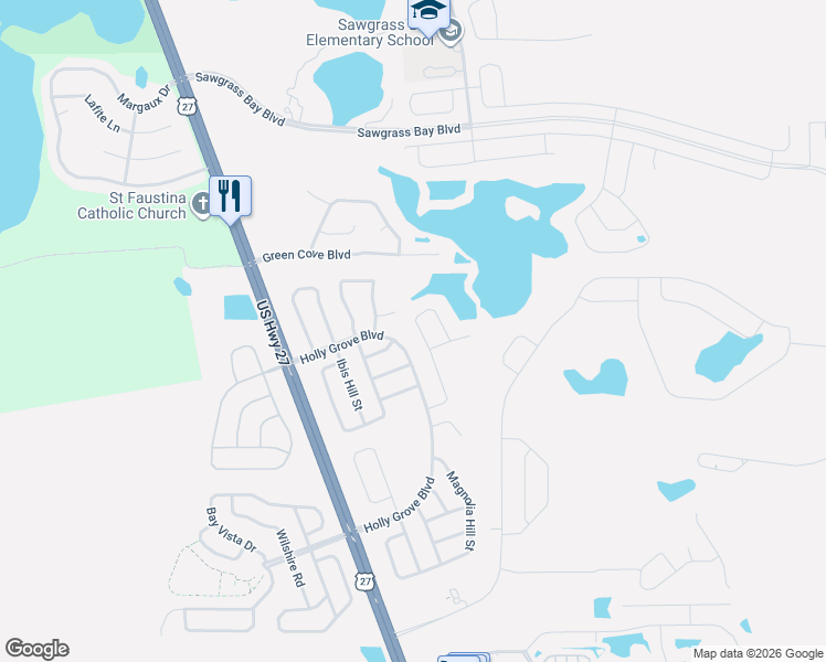 map of restaurants, bars, coffee shops, grocery stores, and more near 16233 Egret Hill Street in Clermont
