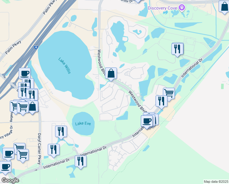 map of restaurants, bars, coffee shops, grocery stores, and more near 11588 Westwood Boulevard in Orlando