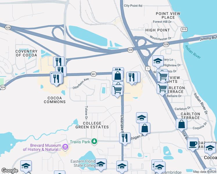 map of restaurants, bars, coffee shops, grocery stores, and more near 1952 Quail Ridge Court in Cocoa