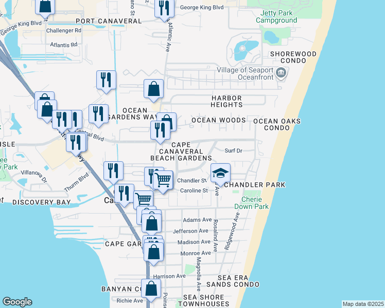 map of restaurants, bars, coffee shops, grocery stores, and more near 220 Cape Shores Circle in Cape Canaveral