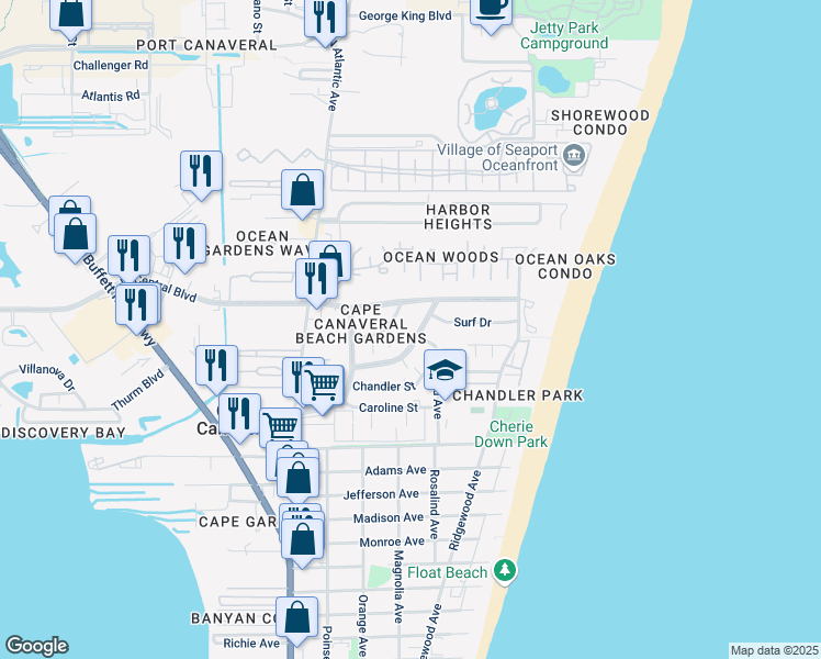 map of restaurants, bars, coffee shops, grocery stores, and more near 272 Canaveral Beach Boulevard in Cape Canaveral