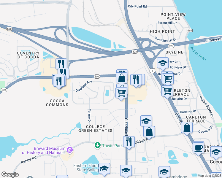 map of restaurants, bars, coffee shops, grocery stores, and more near 1946 Quail Ridge Court in Cocoa