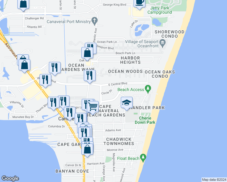 map of restaurants, bars, coffee shops, grocery stores, and more near 231 Circle Drive in Cape Canaveral