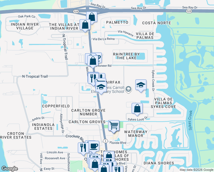 map of restaurants, bars, coffee shops, grocery stores, and more near 2130 Emerald Court in Merritt Island