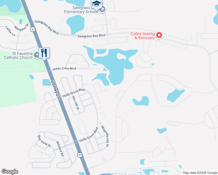 map of restaurants, bars, coffee shops, grocery stores, and more near 3418 Swallow Hill Street in Clermont