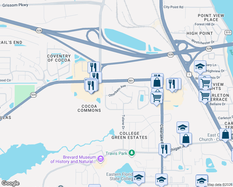 map of restaurants, bars, coffee shops, grocery stores, and more near 2119 Otterbein Avenue in Cocoa