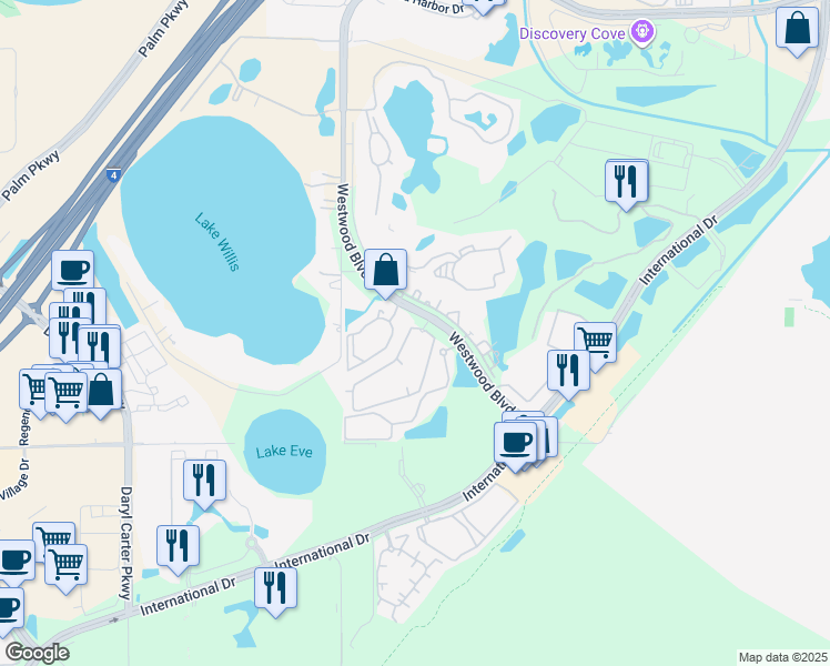 map of restaurants, bars, coffee shops, grocery stores, and more near 11588 Westwood Boulevard in Orlando